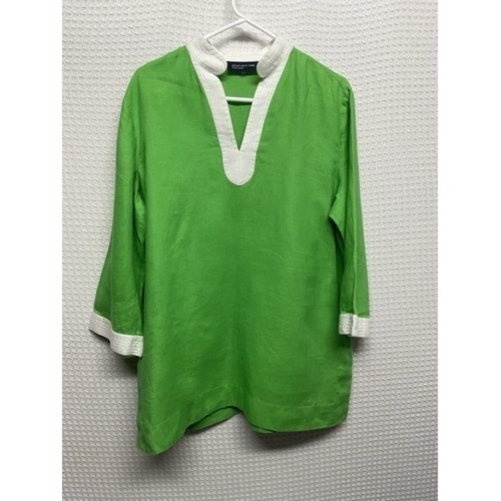 Jones New York Green/White Trim V-Neck Tunic Shirt Dress Women Large China Linen